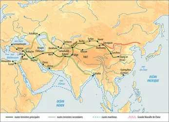 Les différents itinéraires de la Route de la soie - crédits : Encyclopædia Universalis France