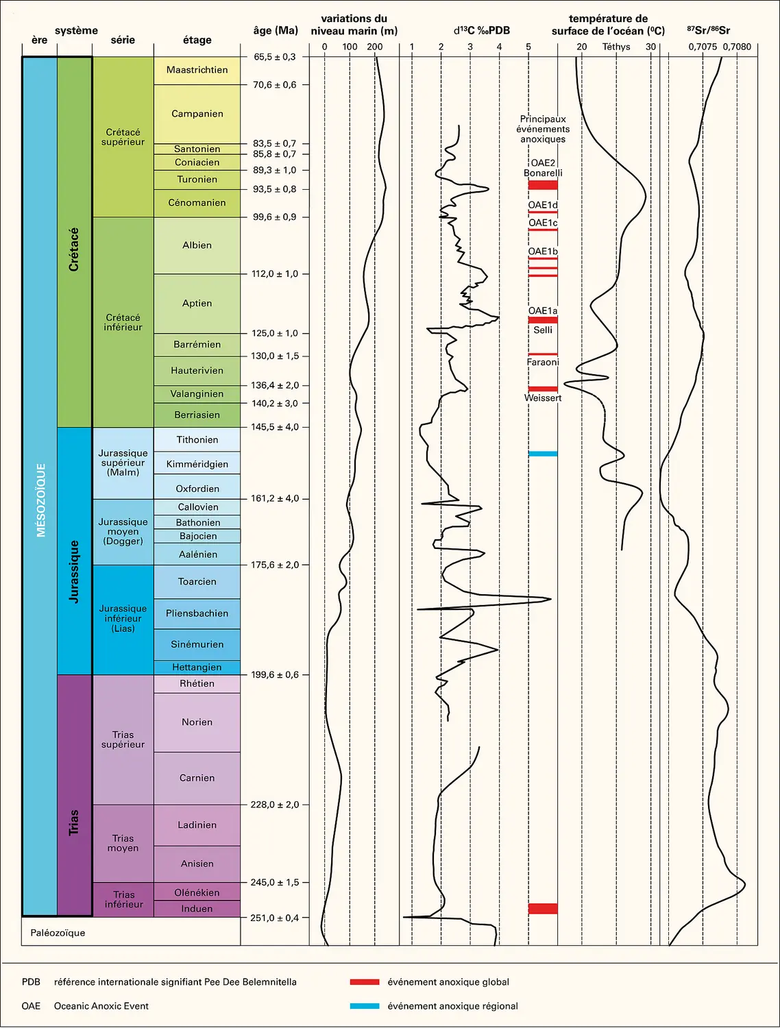 Mésozoïque : variation du niveau marin, de la température des océans et de rapports isotopiques