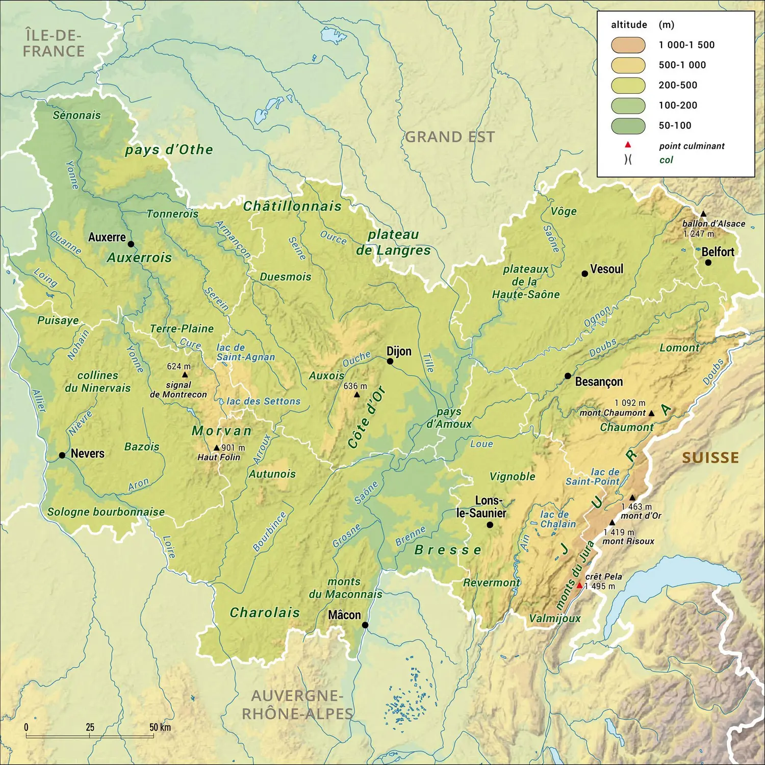 Bourgogne-Franche-Comté : carte physique