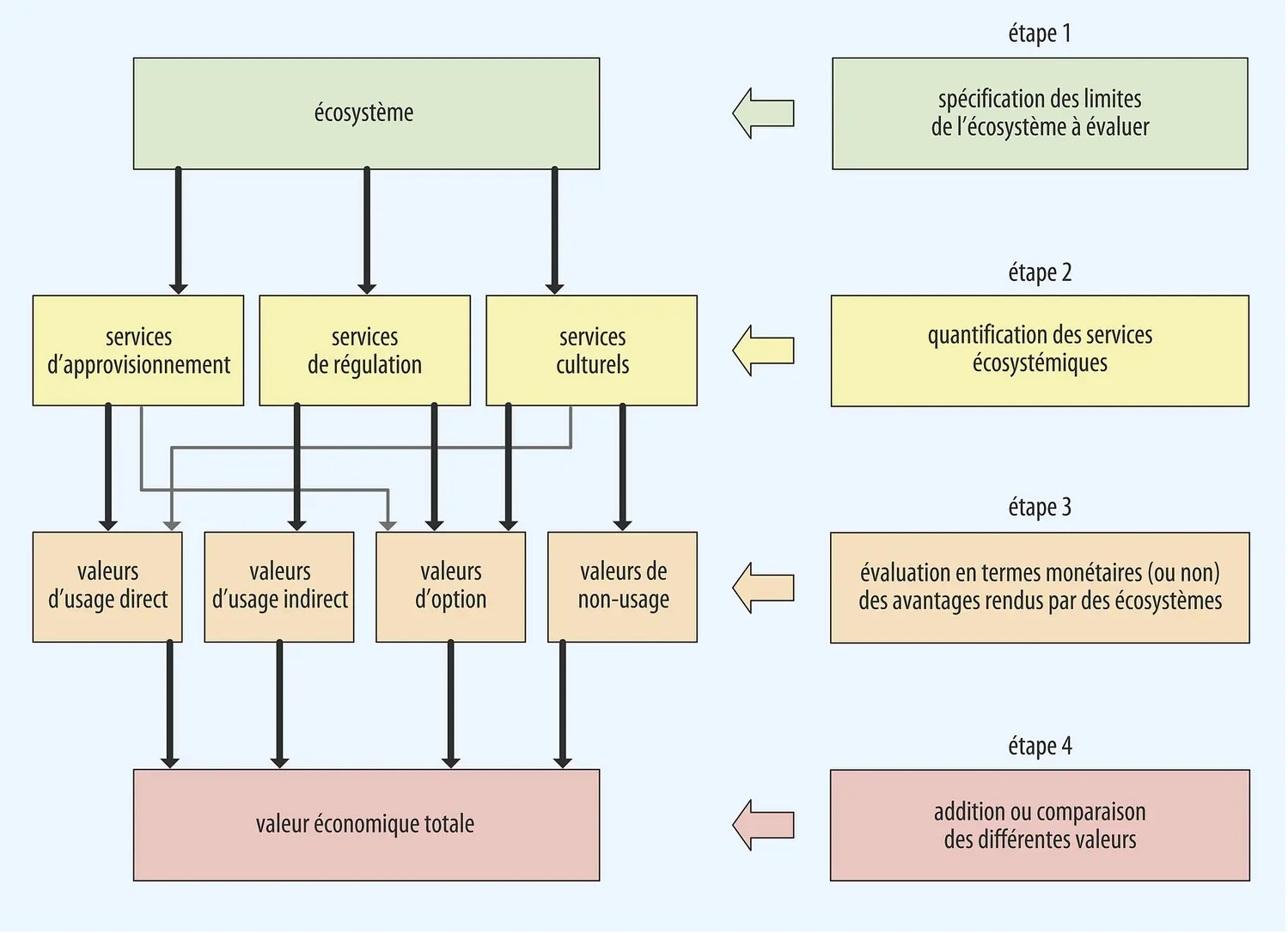 Présentation schématique de l'évaluation des services rendus par un écosystème