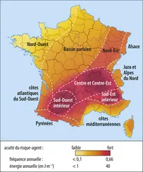 Géographie des chutes de grêle en France - crédits : Encyclopædia Universalis France
