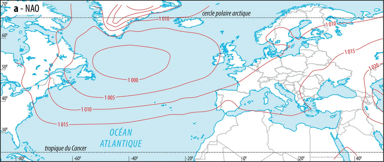 <p>	Cartes de pression dans l'Atlantique nord en hiver - vue 1</p>