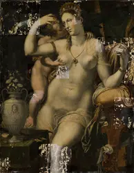 <it>Vénus et l'Amour</it> de Luca Penni, en cours de nettoyage - crédits : P.-Y. Duval/ C2RMF