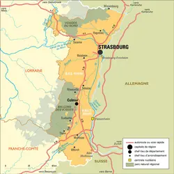 Alsace : carte administrative avant réforme - crédits : Encyclopædia Universalis France