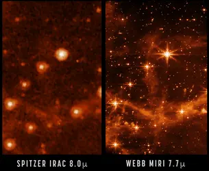 Deux images d’une même région du grand nuage de Magellan - crédits : Spitzer: NASA/ JPL-Caltech ; MIRI: NASA/ ESA/ CSA/ STScI