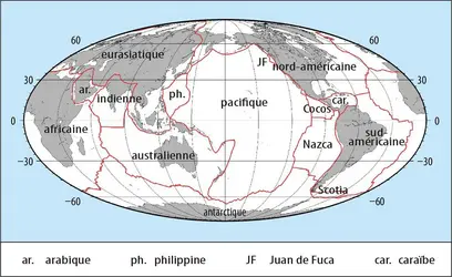 Les principales plaques tectoniques de la surface terrestre - crédits : Courtesy of earthbyte.org ; Unavco data