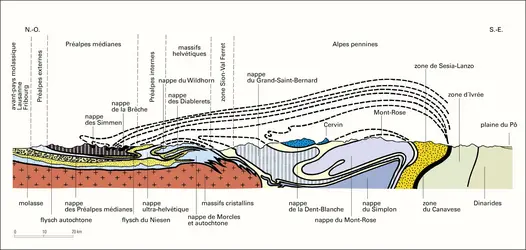 Profil tectonique des Alpes suisses - crédits : Encyclopædia Universalis France