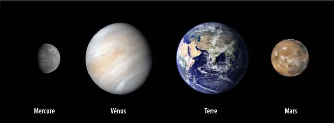 Planètes telluriques du système solaire - crédits : NASA ; NASA/ JPL-Caltech ; NASA/ Visible Earth/ Blue Marble ; NASA/ JPL