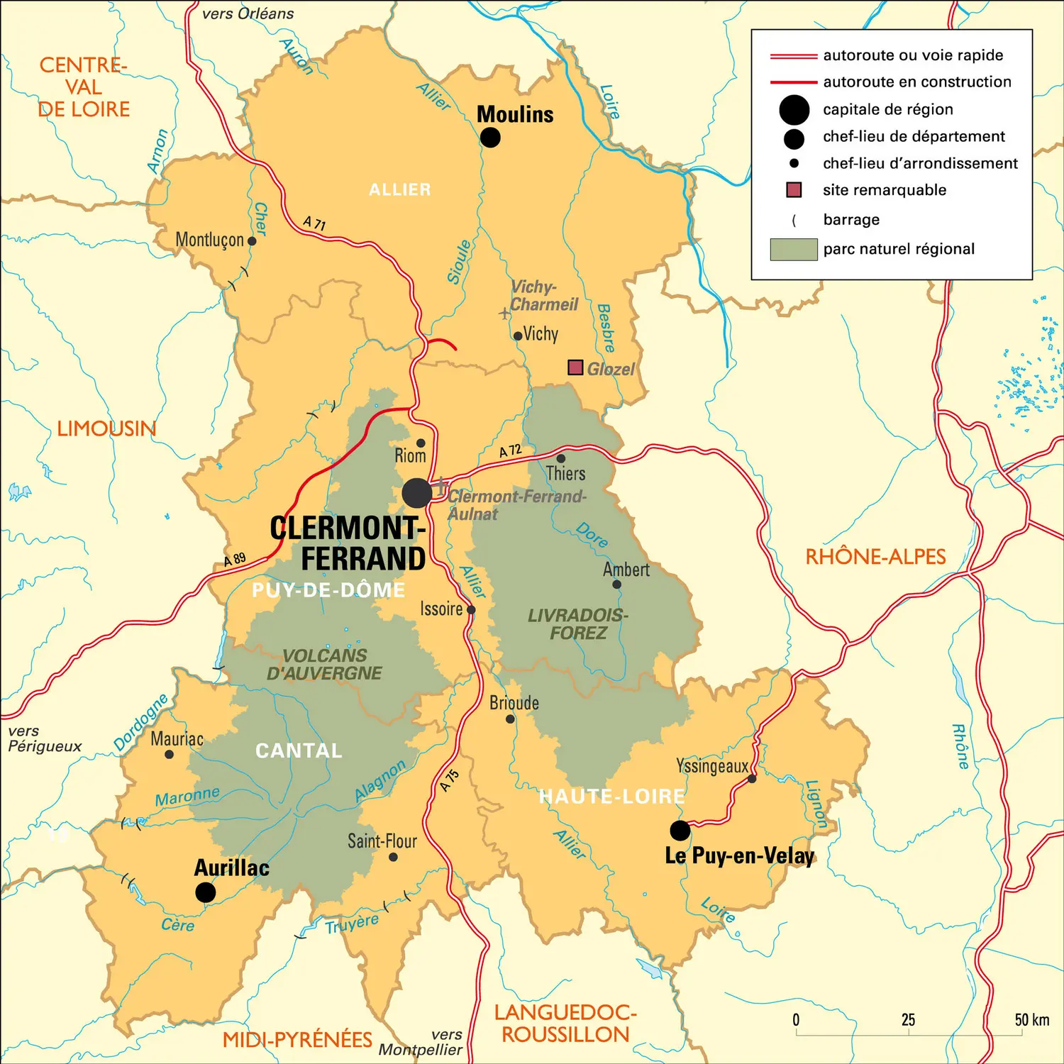 Auvergne : carte administrative&nbsp;avant réforme