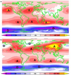 Pression atmosphérique moyenne au niveau de la mer - crédits : J.-P. Chalon d'après William M. Connolly
