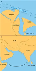 Sous-continent indien au Crétacé inférieur - crédits : Encyclopædia Universalis France