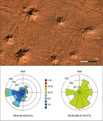 Dunes étoiles dans le Grand Erg Oriental (Algérie) - crédits : 2013 DigitalGlobe/ Google ; graphiques : Institut de physique du globe de Paris