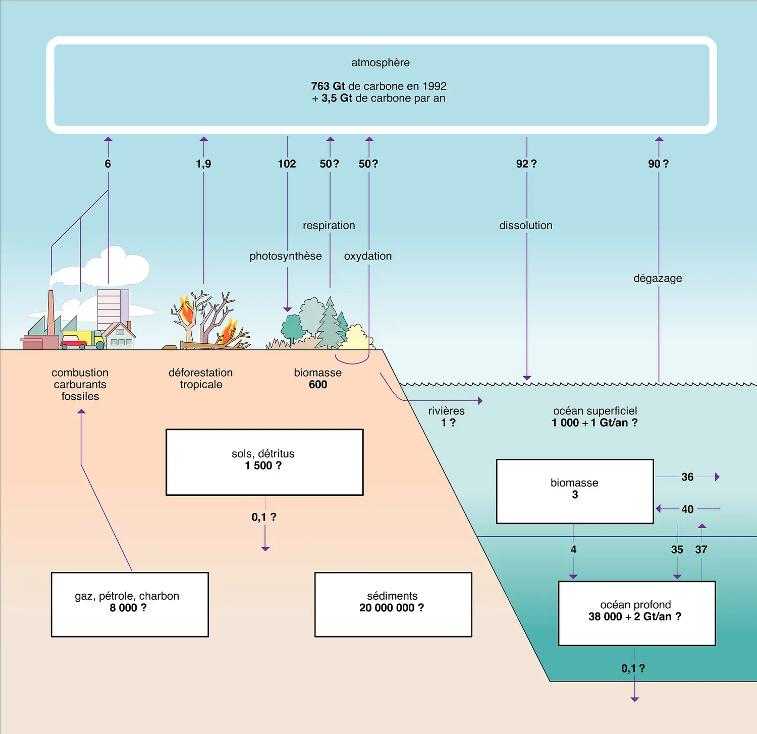 Échange de carbone entre l'atmosphère, les océans, la biosphère et la lithosphère