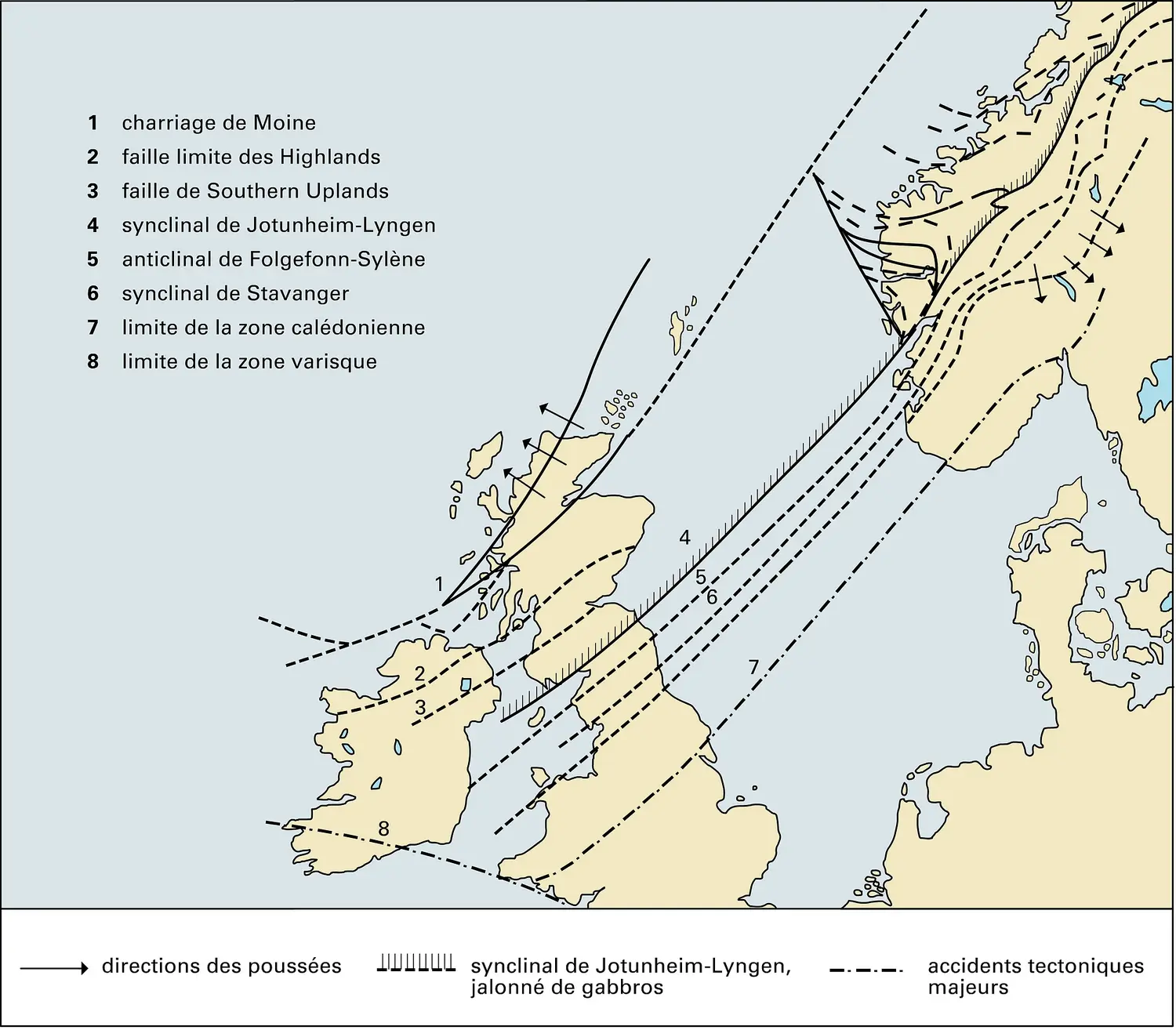 Zones tectoniques de la chaîne calédonienne de Norvège et de Grande-Bretagne