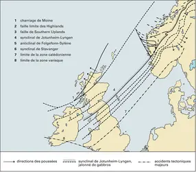 Zones tectoniques de la chaîne calédonienne de Norvège et de Grande-Bretagne - crédits : Encyclopædia Universalis France