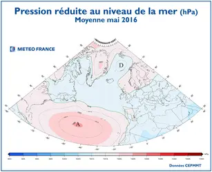 Pression réduite au niveau de la mer, moyenne du mois de mai 2016 - crédits : Météo-France, août 2016