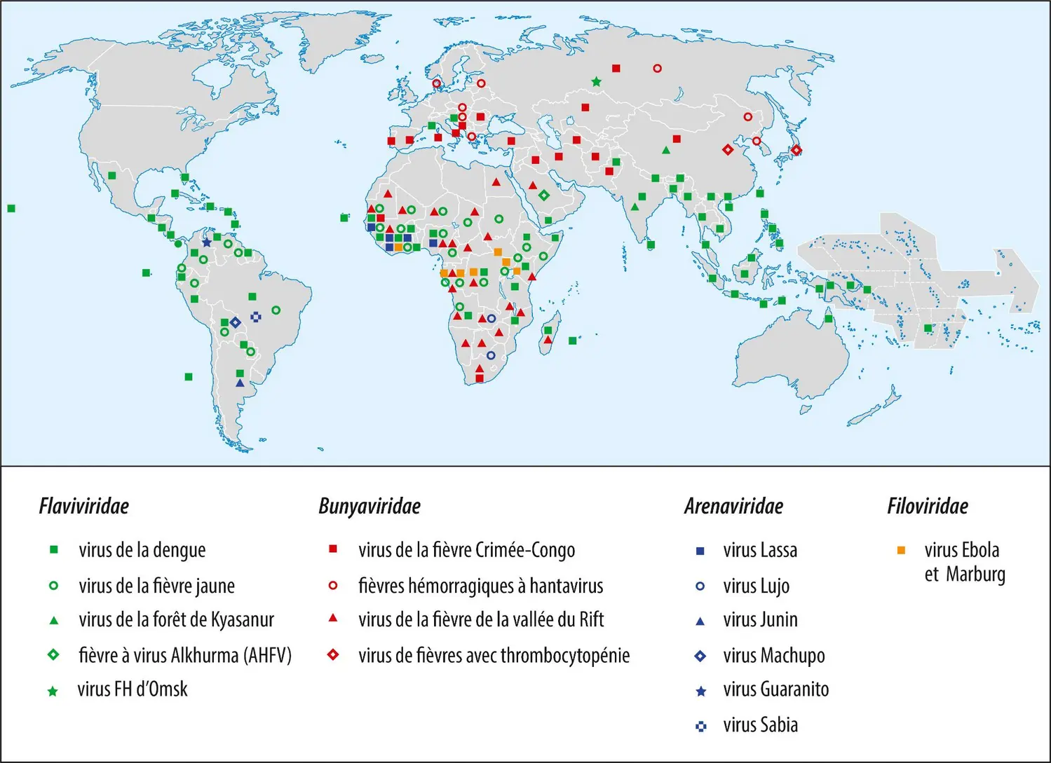 Répartition mondiale des principales fièvres hémorragiques virales