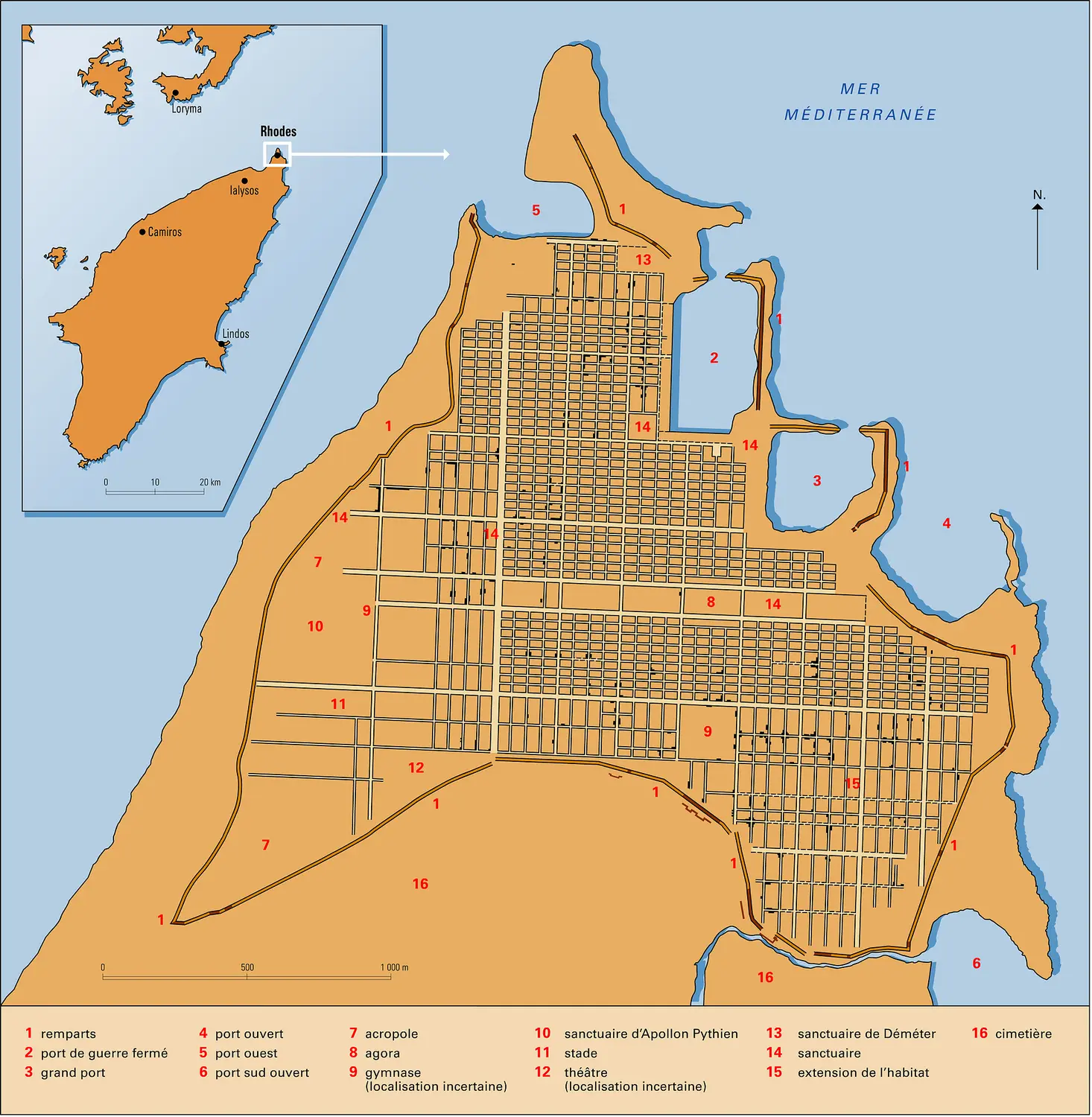 Rhodes, plan de la ville antique