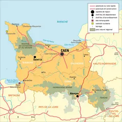 Basse-Normandie : carte administrative avant réforme - crédits : Encyclopædia Universalis France