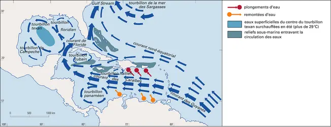 Méditerranée américaine : position moyenne des courants de surface - crédits : Encyclopædia Universalis France