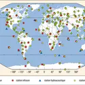 Carte du réseau du système de surveillance international du Traité d'interdiction complète des essais nucléaires (T.I.C.E.) - crédits : Encyclopædia Universalis France