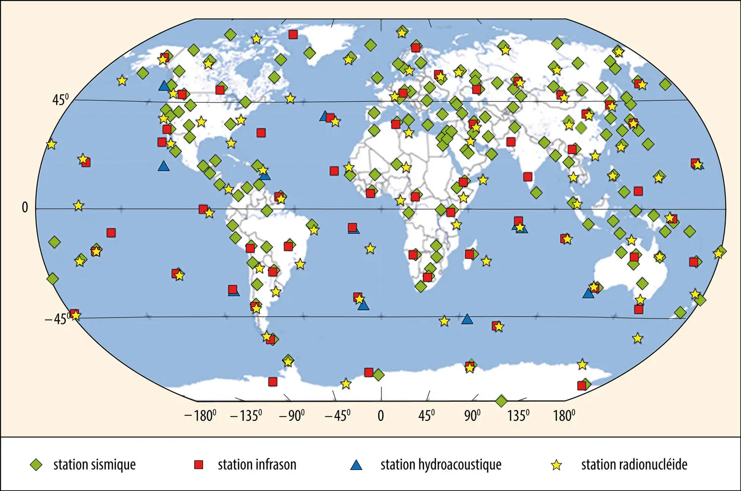 Carte du réseau du système de surveillance international du Traité d'interdiction complète des essais nucléaires (T.I.C.E.)