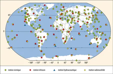 Carte du réseau du système de surveillance international du Traité d'interdiction complète des essais nucléaires (T.I.C.E.) - crédits : Encyclopædia Universalis France