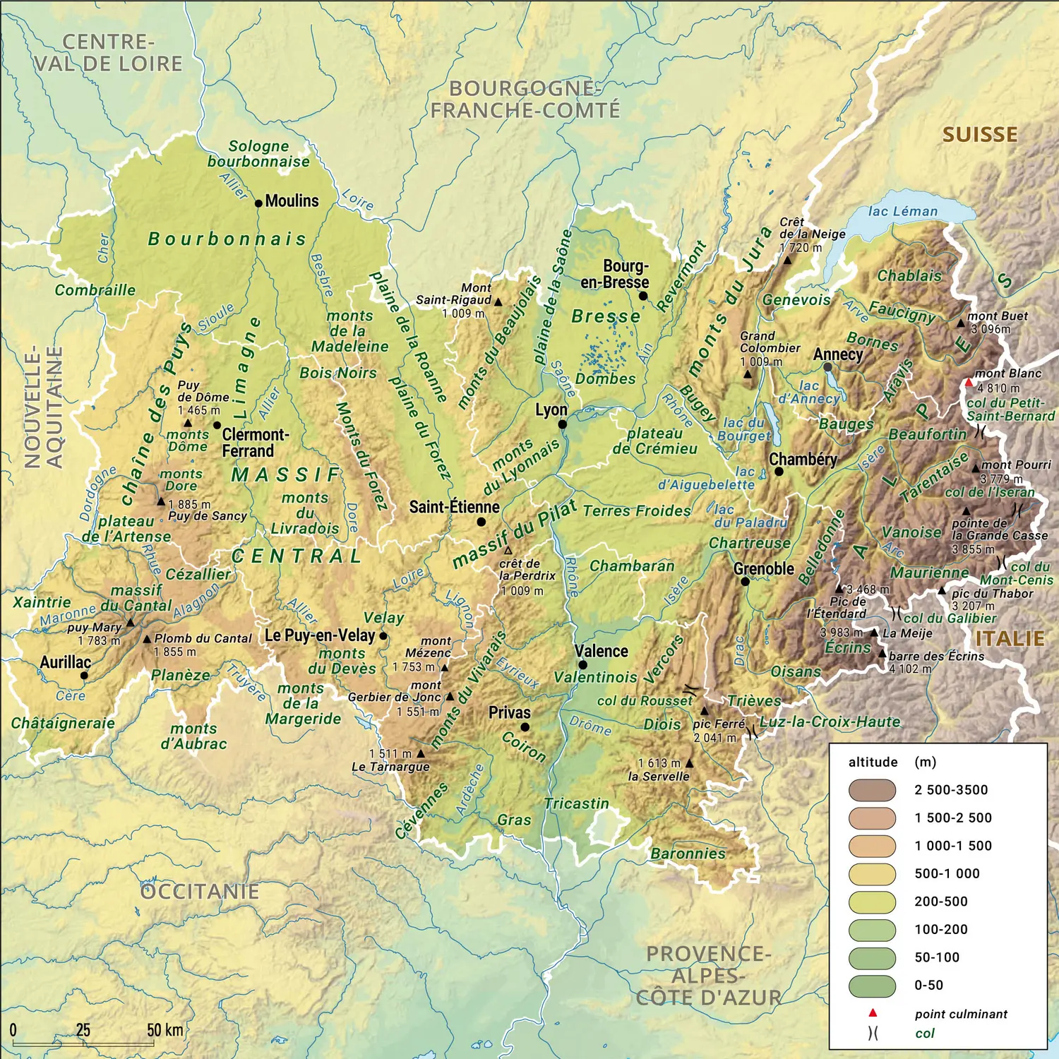 Auvergne-Rhône-Alpes : carte physique