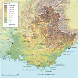Provence-Alpes-Côte d'Azur : carte physique - crédits : Encyclopædia Universalis France