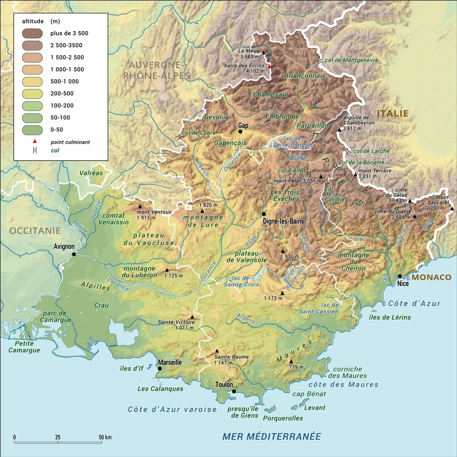 Provence-Alpes-Côte d'Azur : carte physique