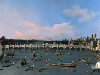 <it>Westminster Bridge, Londres, procession du Lord Maire sur la Tamise</it>, Canaletto - crédits :  Bridgeman Images 