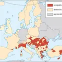 Distribution des cas de contamination par le virus du Nil occidental en 2018 - crédits : Encyclopædia Universalis France