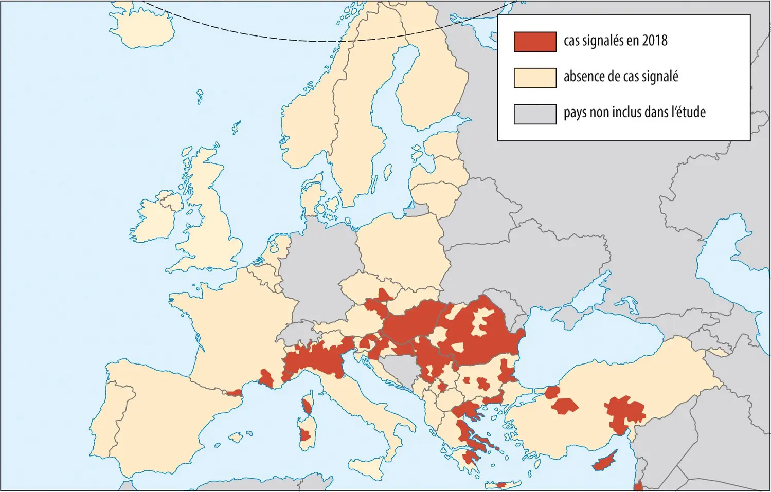 Distribution des cas de contamination par le virus du Nil occidental en 2018