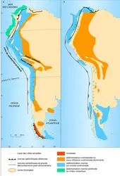 Amérique du Sud à l'Albo-Cambrien et à l'Éocène - crédits : Encyclopædia Universalis France