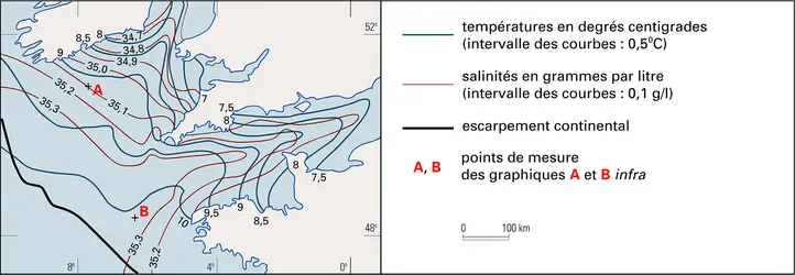Mer Celtique et Manche occidentale : températures et salinités de février - crédits : Encyclopædia Universalis France