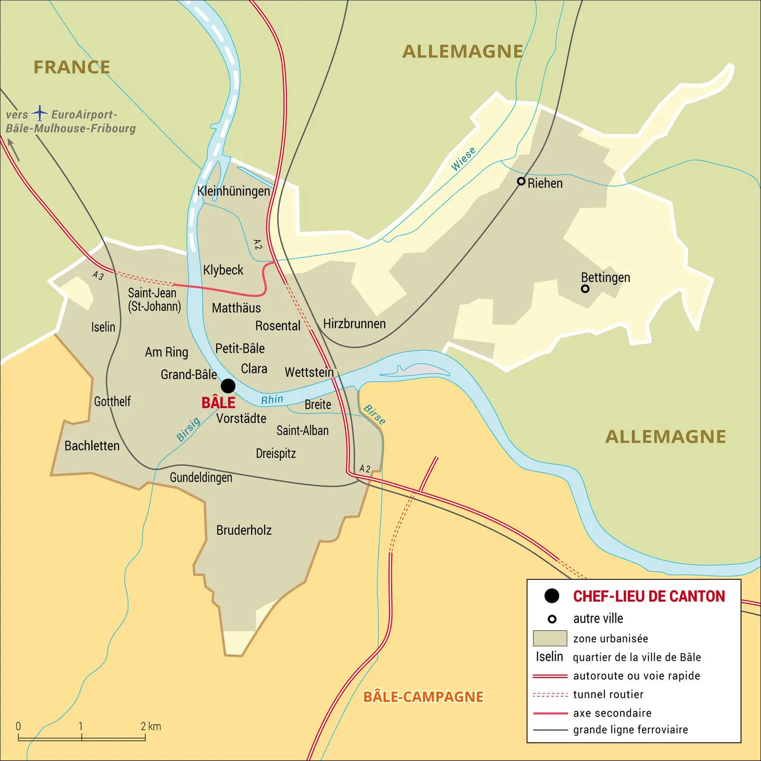 Bâle-Ville : carte administrative du canton