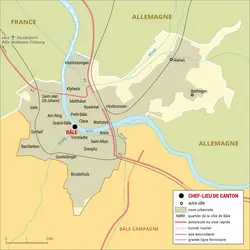 Bâle-Ville : carte administrative du canton - crédits : Encyclopædia Universalis France