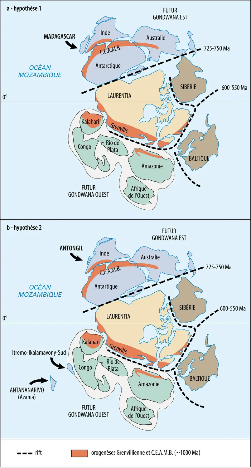 Paléogéographie de Madagascar à la fin de la consolidation du Rodinia 
