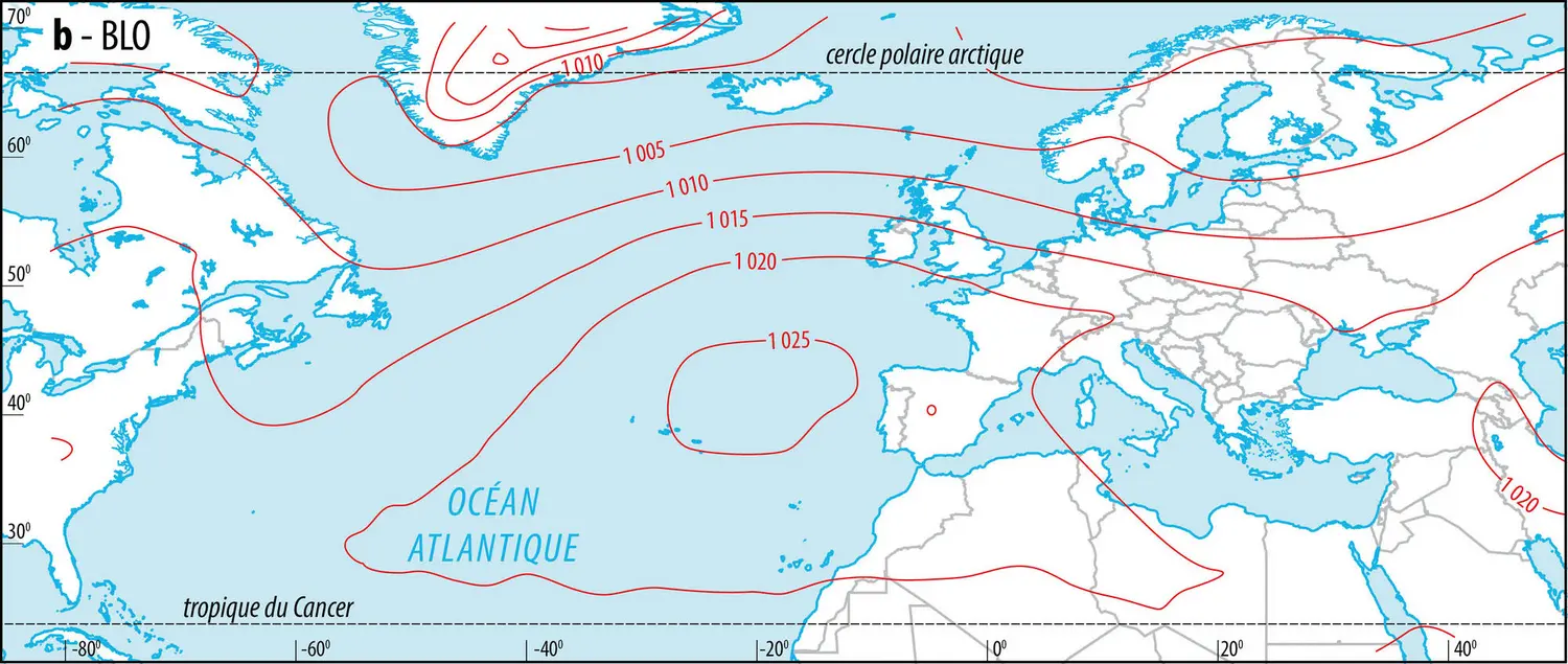 <p>	Cartes de pression dans l'Atlantique nord en hiver - vue 2</p>