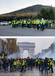 Mouvement des « gilets jaunes », 2018 - crédits : Serge Goujon (en haut), Mo Wu (en bas)/ Shutterstock.com