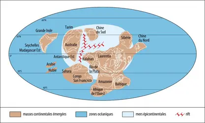 Dislocation de Rodinia au Cryogénien - crédits : Encyclopædia Universalis France