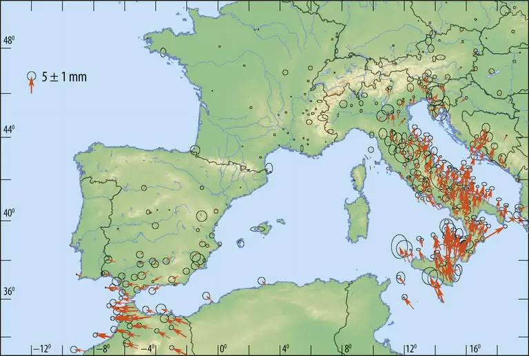 Vitesses de déplacement à la surface de la croûte terrestre mesurées par géodésie spatiale