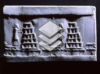 Empreinte d'un sceau-cylindre représentant une ziggourat et un personnage - crédits : Erich Lessing/ AKG-images