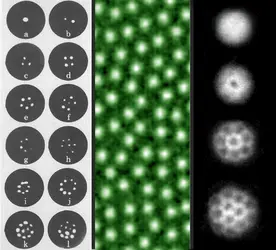 Tourbillons quantiques dans un superfluide en rotation - crédits : Yarmchuk et al, 1979, Phys. Rev. Lett., 43(3): 214, avec l'autorisation de R. Packard ; Goa et al, 2001 Supercond. Sci. Technol. 14 729, courtesy of University of Oslo, Department of Physics ; avec l'autorisation de Jean Dalibard