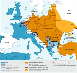 Première Guerre mondiale, fronts européens en 1918 - crédits : Encyclopædia Universalis France