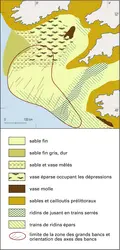 Mer Celtique : répartition des sédiments - crédits : Encyclopædia Universalis France
