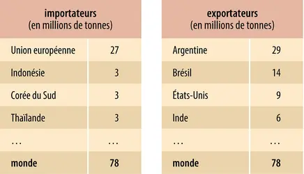 Oléagineux : échanges mondiaux de tourteaux
 - crédits : Encyclopædia Universalis France