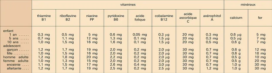 Vitamines et minéraux : apport journalier - crédits : Encyclopædia Universalis France