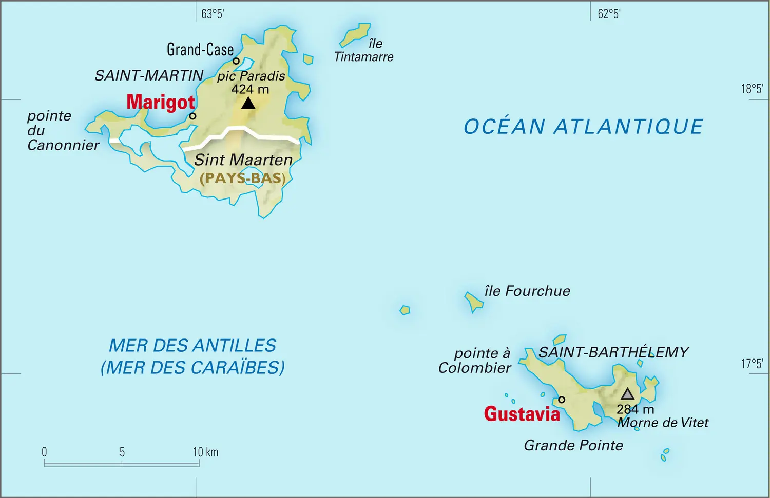 Saint-Martin et Saint-Barthélemy [France] : carte physique