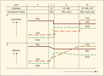 Métasomatose avec percolation et avec diffusion - crédits : Encyclopædia Universalis France